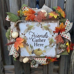 Fall Friends Gather Here Wreath Autumn Thanksgiving Deco Mesh Handmade 18"